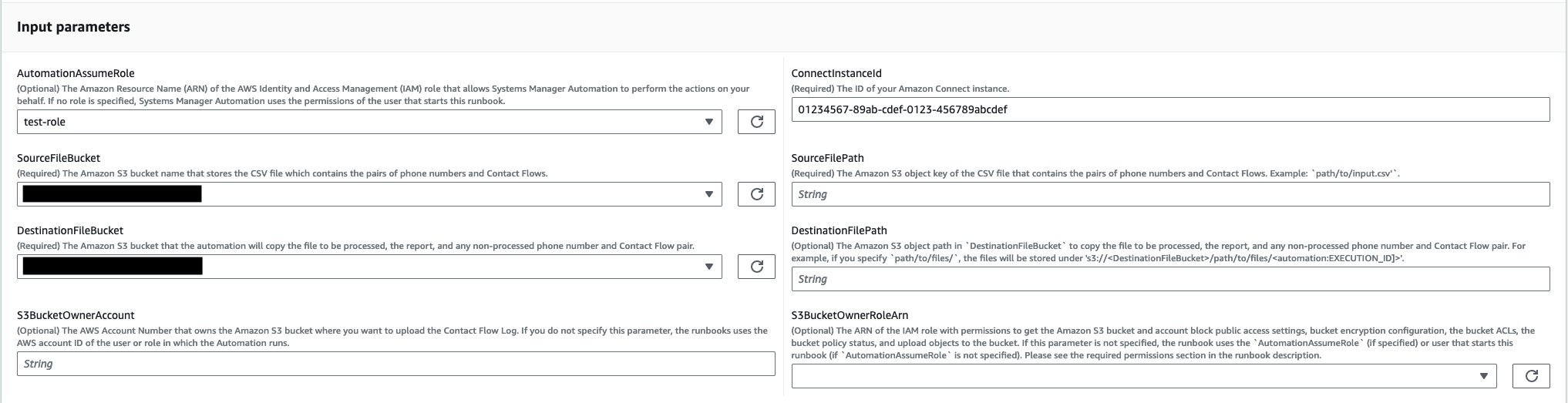 Input parameters form for AWS Systems Manager Automation with fields for roles, S3 buckets, and file paths.