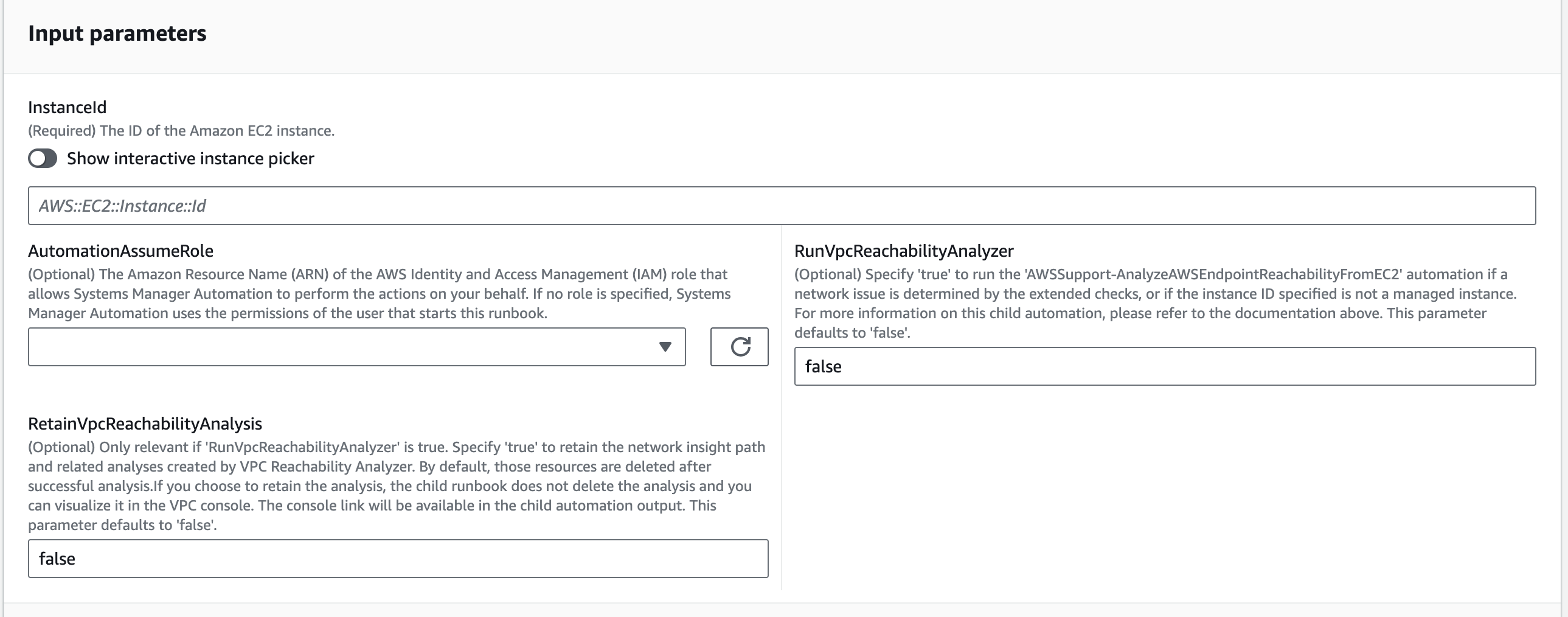 Input parameters form for an AWS EC2 instance with fields for InstanceId and automation options.
