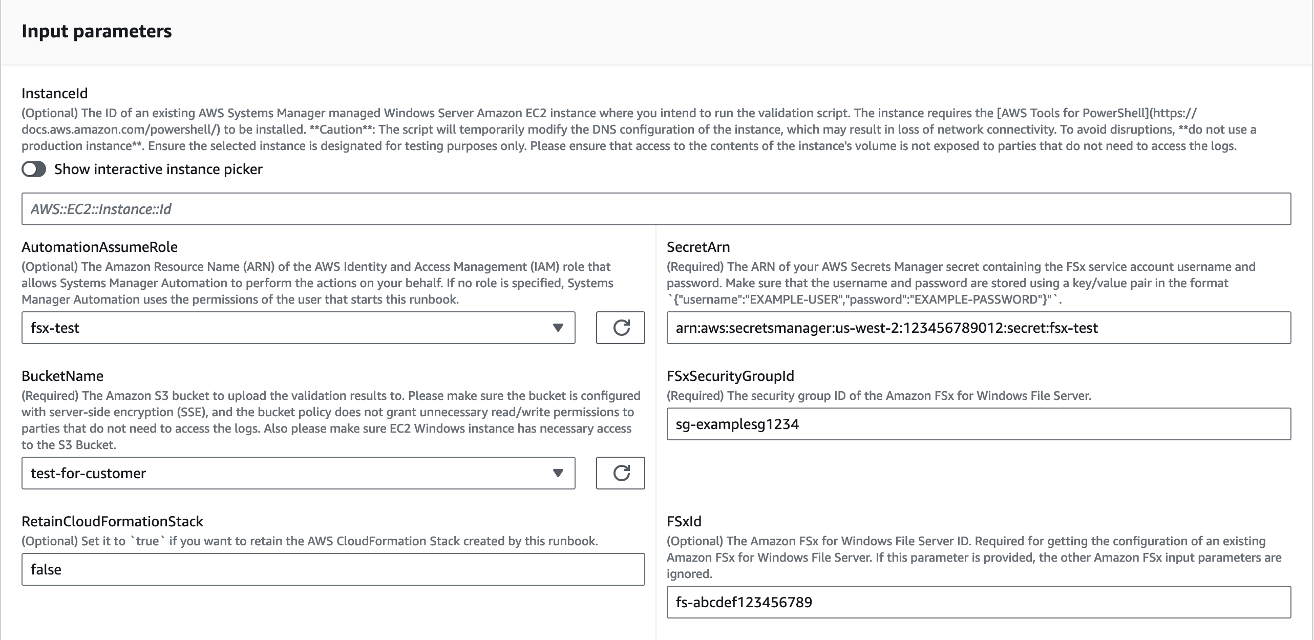 Input parameters form for AWS Systems Manager managed Windows Server EC2 instance validation.