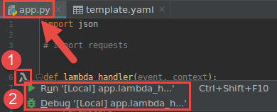 Exécution ou débogage de la version locale d'une fonction Lambda à partir du gestionnaire de fonctions dans le fichier de code