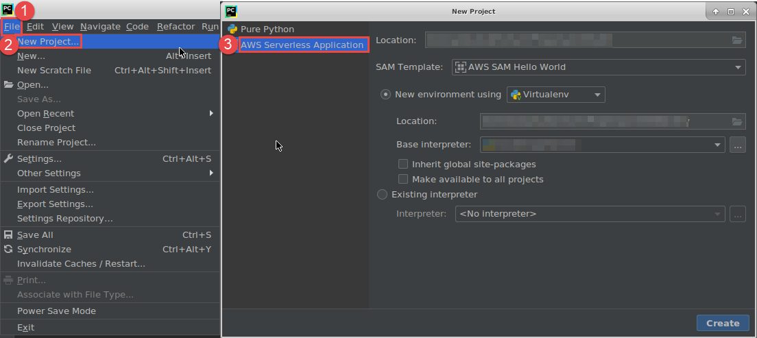 Choosing to create an AWS serverless application in PyCharm