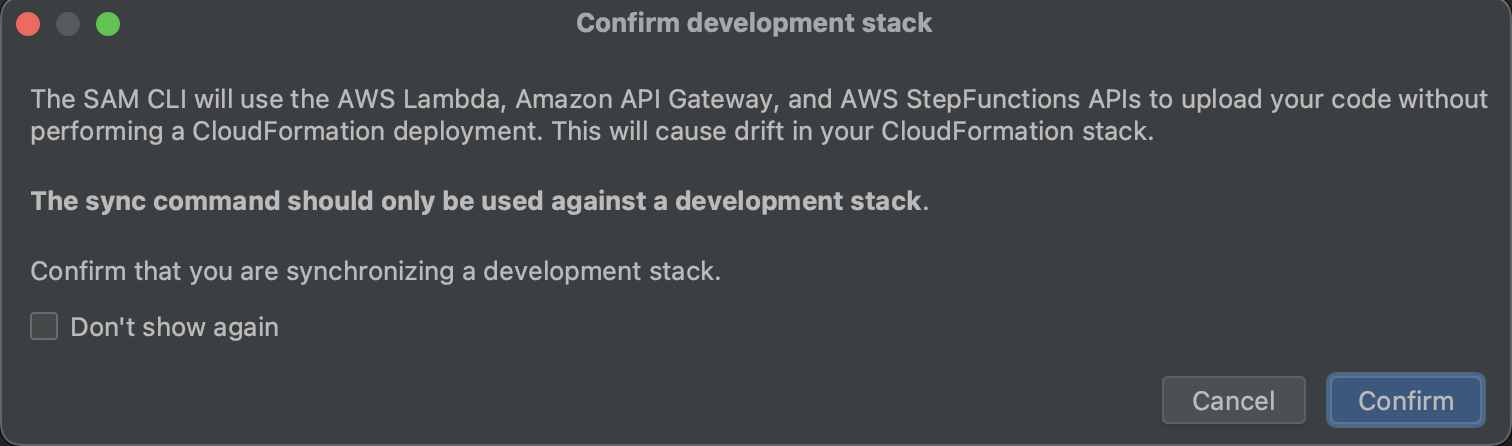 Confirm development stack dialog