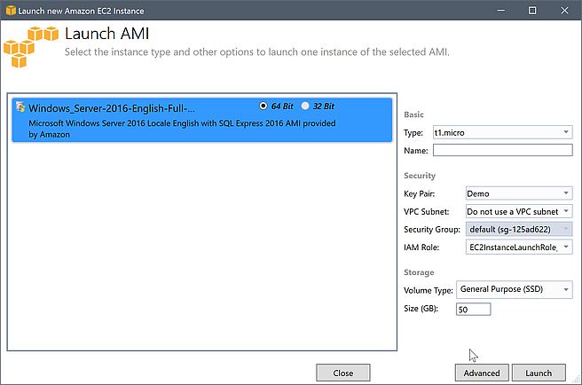 Launch AMI window for Amazon EC2 instance with Windows Server 2016 and configuration options.