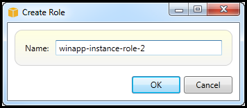 Dialog box for creating a role with a name field and OK/Cancel buttons.
