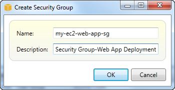 Dialog box for creating a security group with fields for name and description.