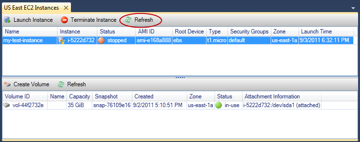 EC2 Instances list showing a stopped instance and an attached EBS volume with details.