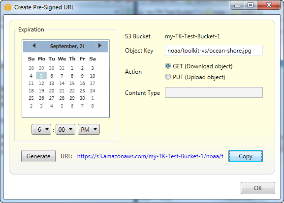 Dialog box for creating a pre-signed URL with options for expiration, S3 bucket, object key, and action.
