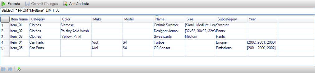 Database table showing sample items with attributes like name, category, color, and size.