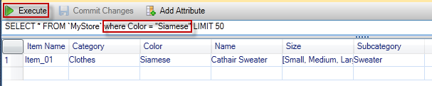 SQL query execution interface with filtered results showing item details.