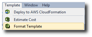 Dropdown menu showing options to deploy to CloudFormation, estimate cost, and format template.