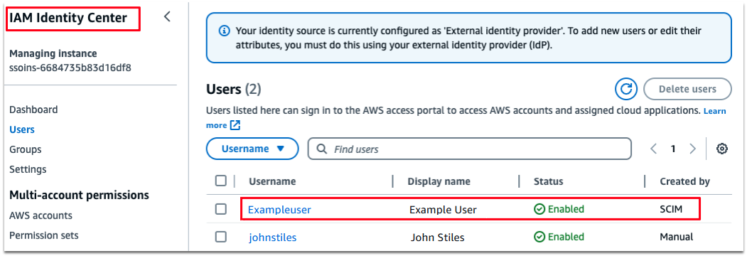 IAM Identity Center présentant un exemple d'utilisateur intégré depuis Okta