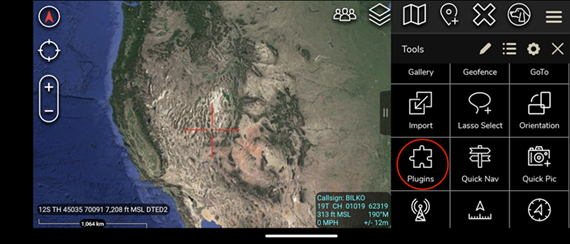 The Plugins option in the ATAK application.