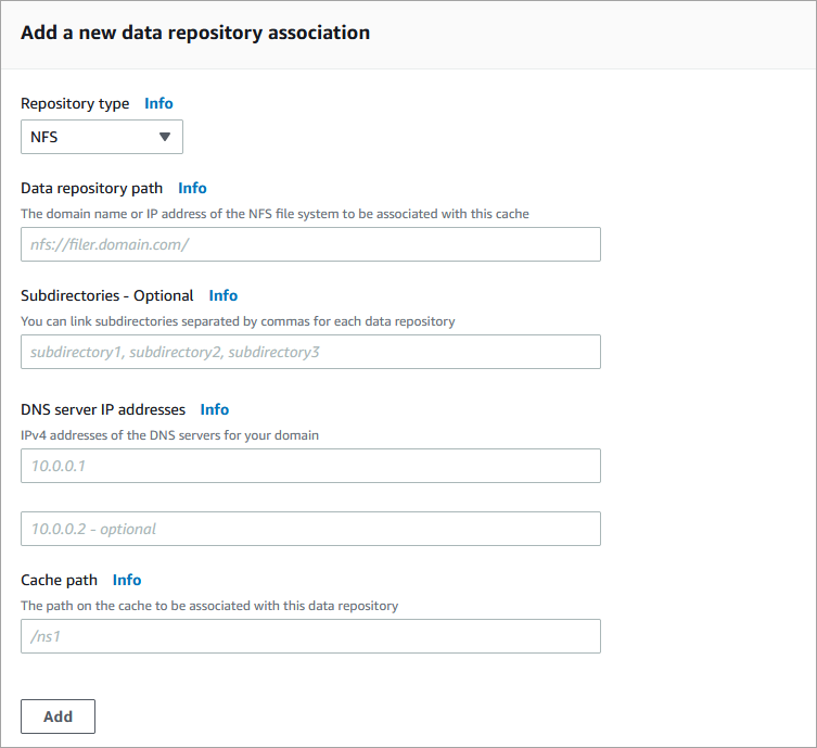 The Data Repository Associations configuration dialog, which is one of the dialogs to configure export and import links for an S3 or NFS data repository.