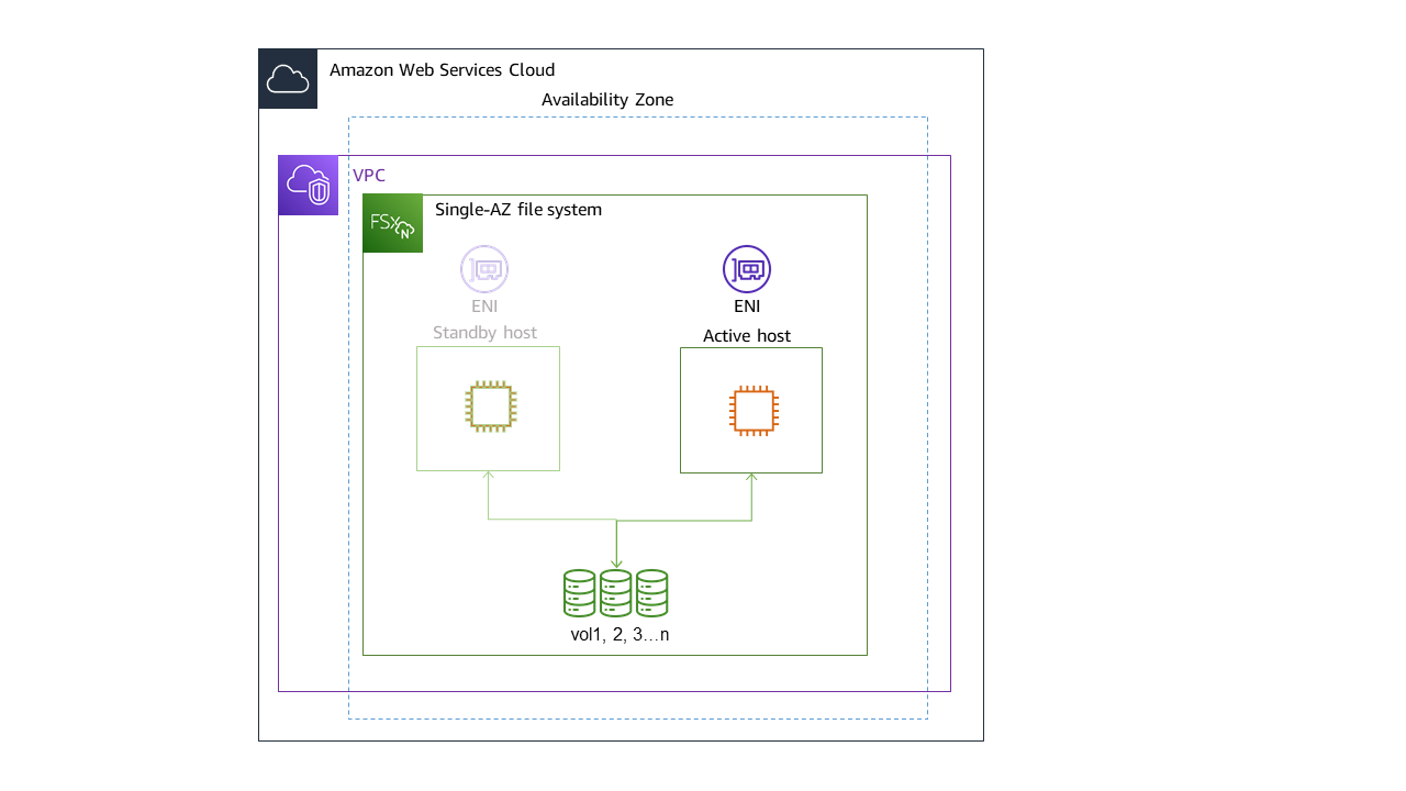 Diagram illustrating the architecture for an FSx for ONTAP Single-AZ first-generation file system.
