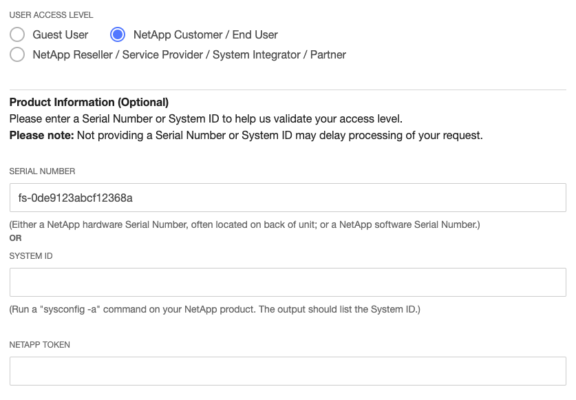 Select user access level when signing up for a NetApp account.