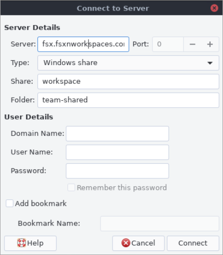 The Connect to Server dialog showing a connection to an SMB share.