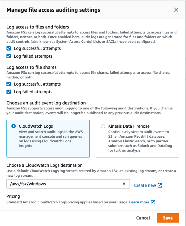 FSx console File access auditing panel, use this panel for modifying the file access auditing configurations.