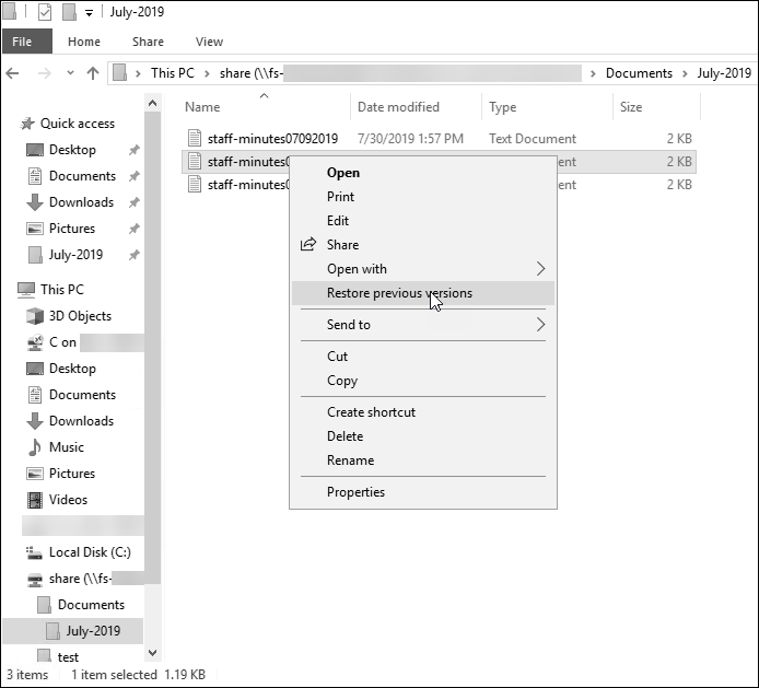 Restore previous versions in Windows File Explore