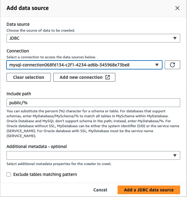 The screenshot shows a data source with JDBC selected and a connection in the Add data source window.