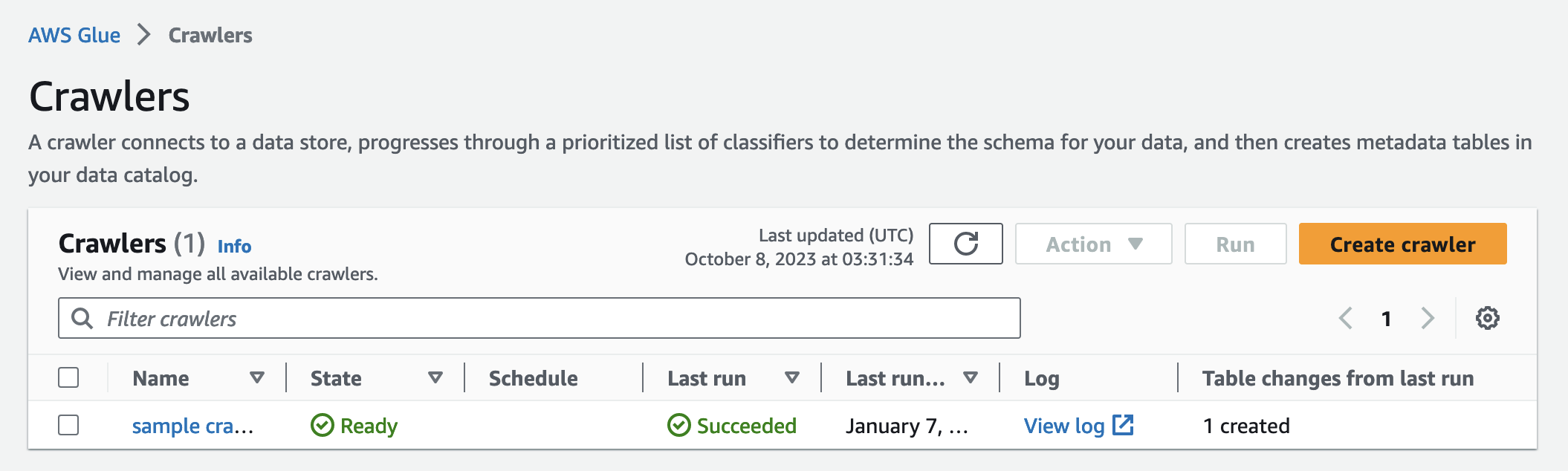 The screenshot shows the crawler page. From here you can create a crawler or edit, duplicate, delete, view an existing crawler.