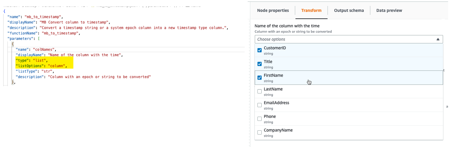 The screenshot shows a sample JSON file with the listOptions parameter set to "column" and the type set to "list", and resulting user interface in AWS Glue Studio.