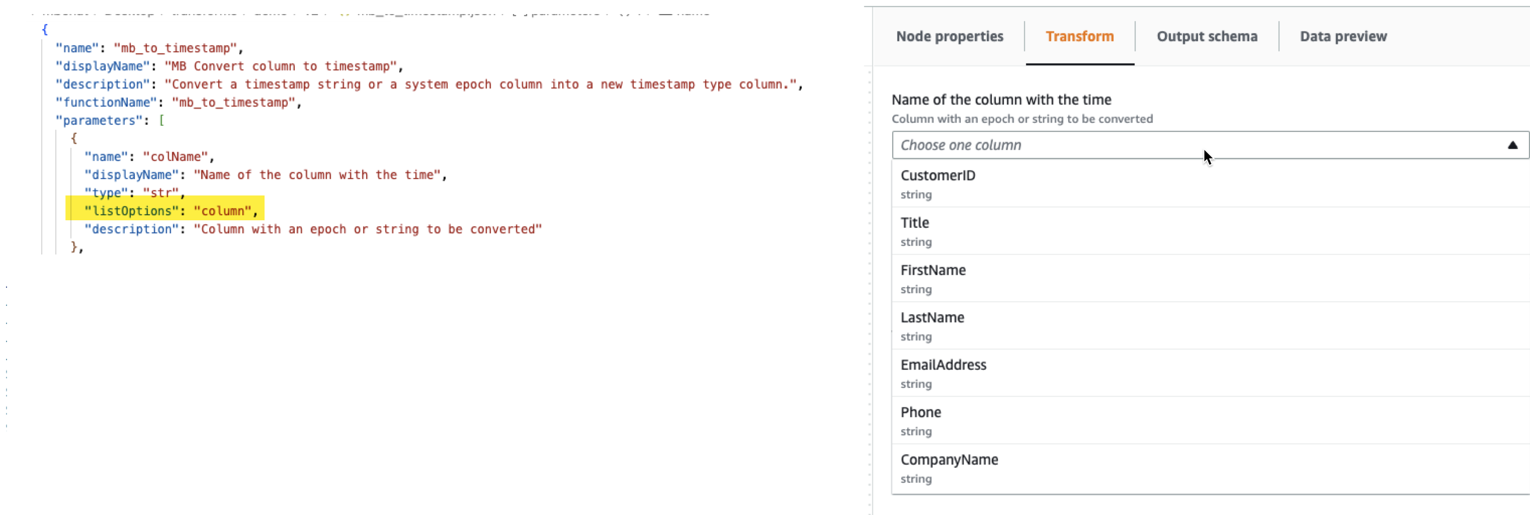 The screenshot shows a sample JSON file with the listOptions parameter set to "column" and the resulting user interface in In AWS Glue Studio.
