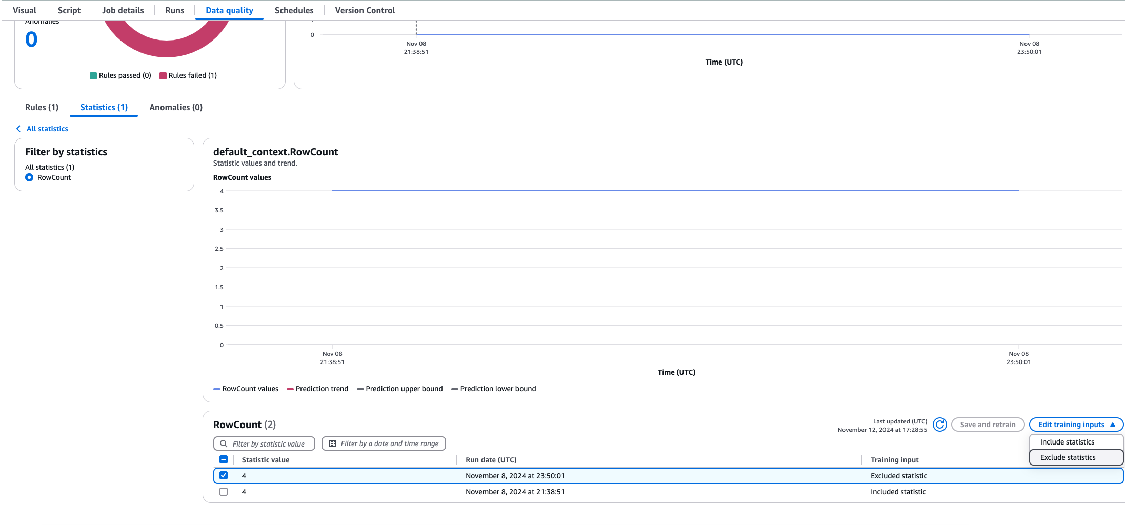 The screenshot shows the option to exclude or include statistics from the drop-down menu after selecting a statistic.