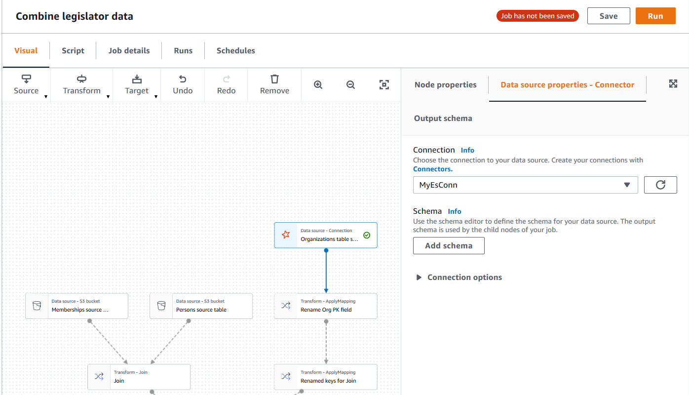 The image is a screenshot of the AWS Glue Studio visual job editor page, with a data source node selected in the graph. The Data source properties tab on the right is selected. The fields displayed for the data source properties are Connection (a drop-down list of available connections, followed by a Refresh button) and an Add schema button. An additional Connection options section is shown in its collapsed state.