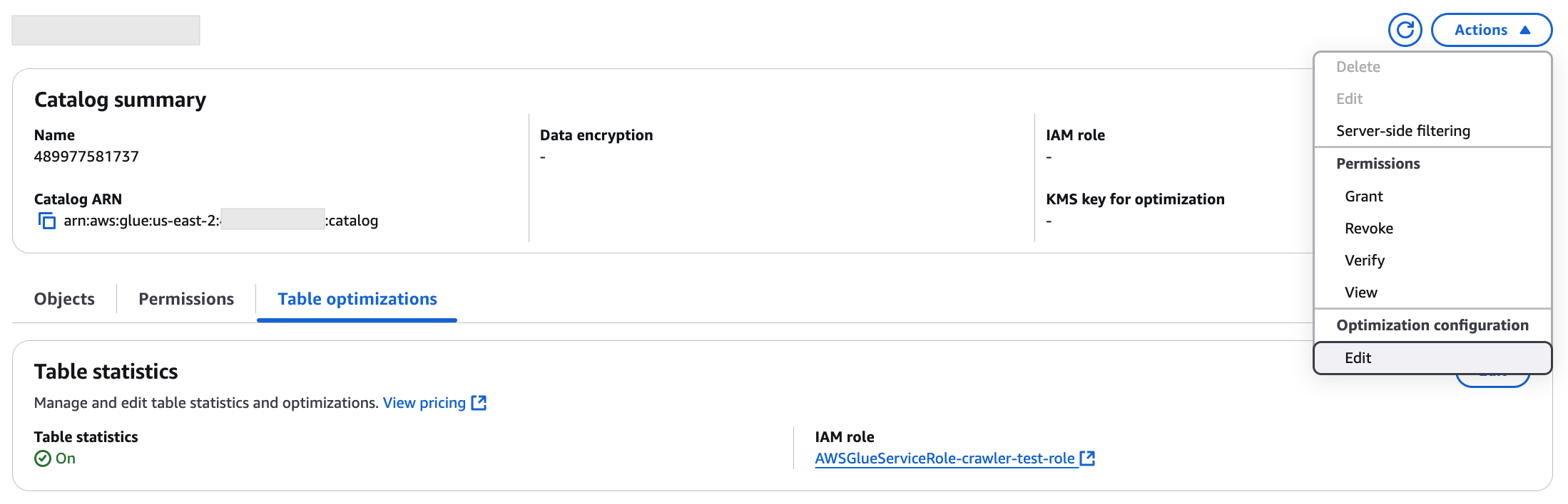 The screenshot shows the options available to generate column stats.