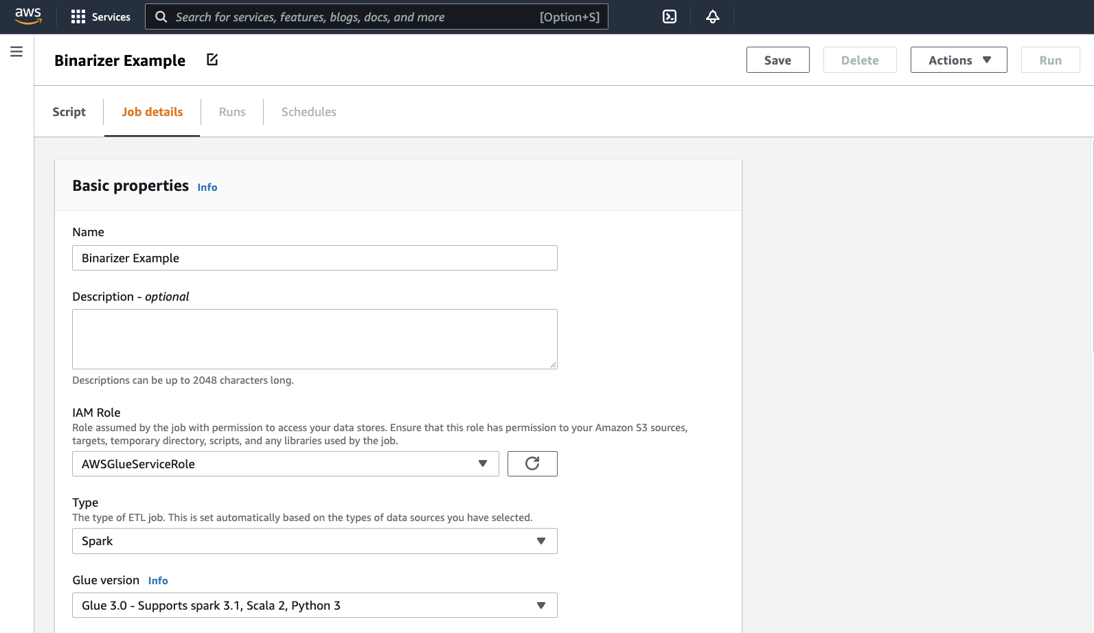 The job details page with options set as instructed.