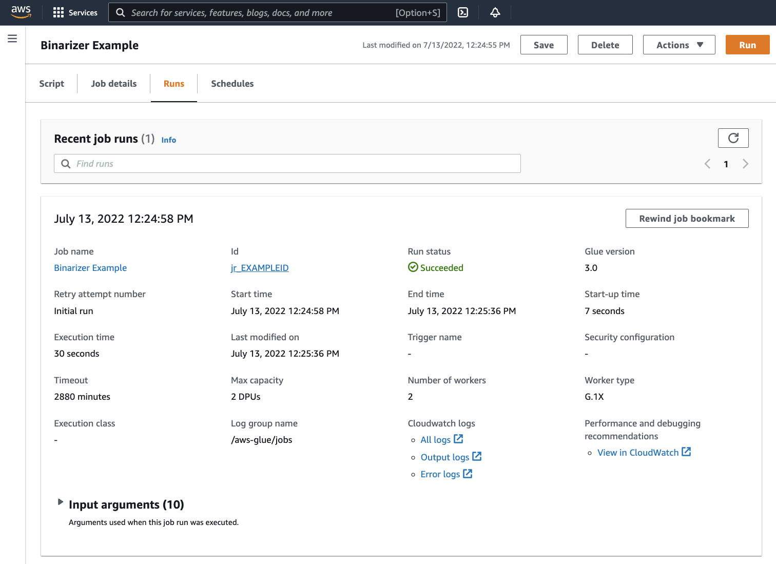 The job runs page with a successful job run.