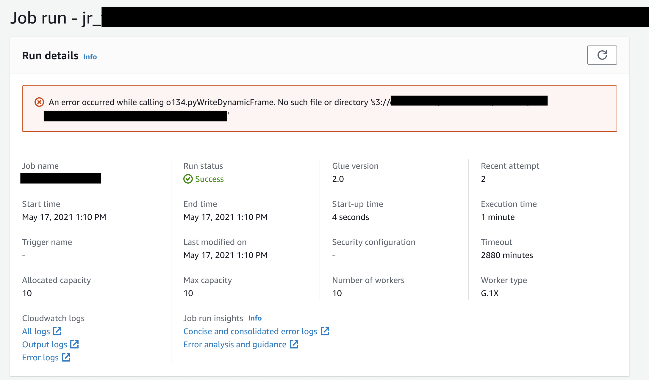 The Job Run Details page containing links to the log streams.