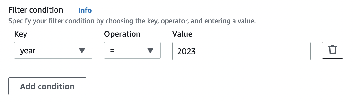 The screenshot shows the conditional router transform tab with the filter condition fields for key, operation and value.