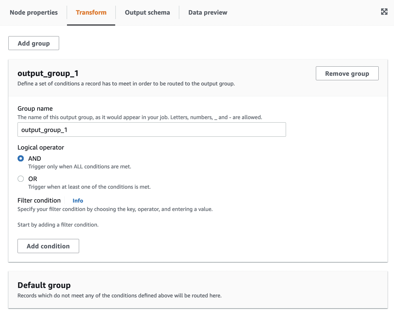 The screenshot shows the conditional router transform tab with options to name the output group, logical operator and conditional filter(s).