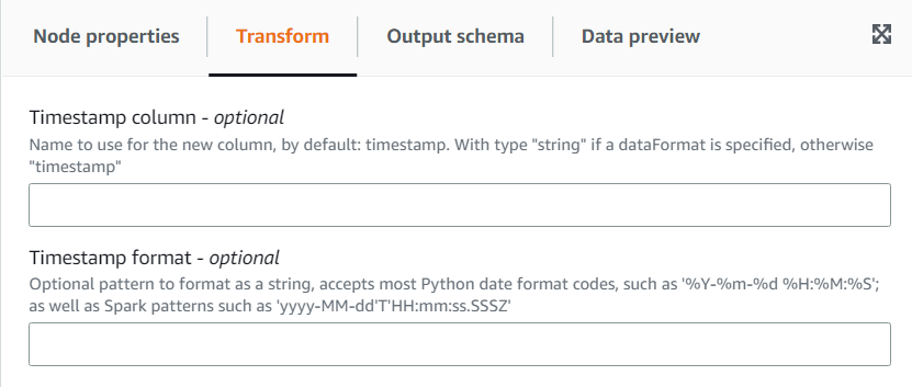 The screenshot shows the Transform tab for the Add Current Timestamp transform.