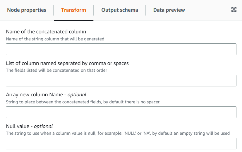 The screenshot shows the Transform tab for the Concatenate transform.