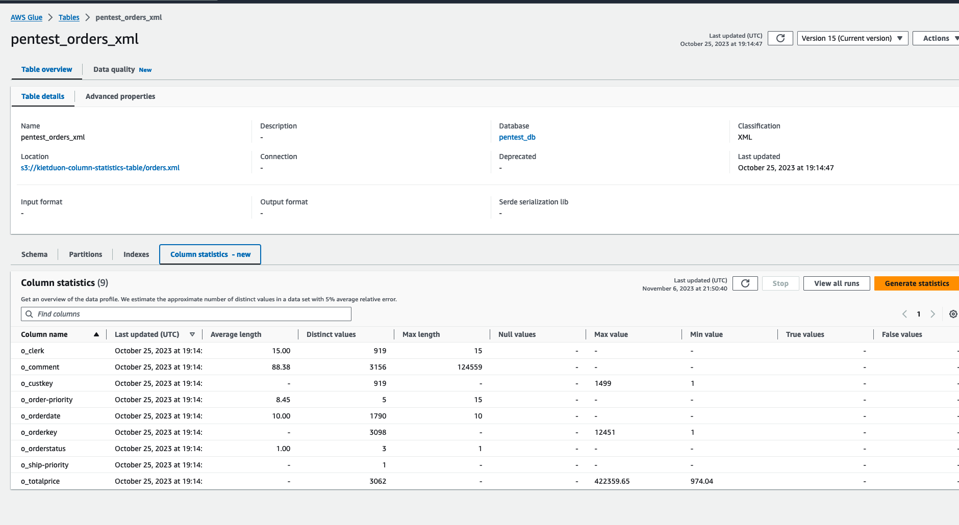 The screenshot shows columns generated from the most recent run.