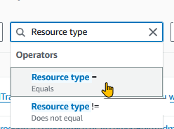 Selecting the equals or does not equals operator to filter findings in GuardDuty console.