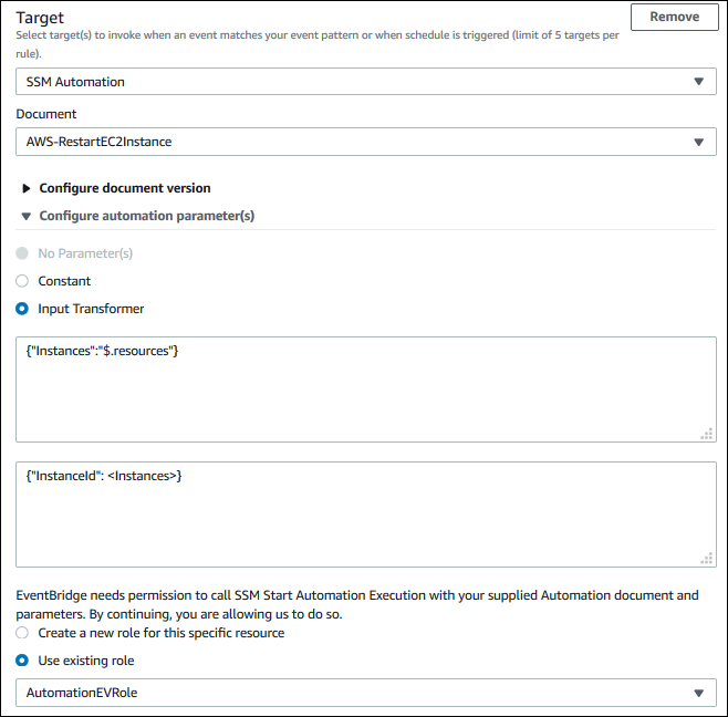 Screenshot of the "SSM Automation" example in the EventBridge console.