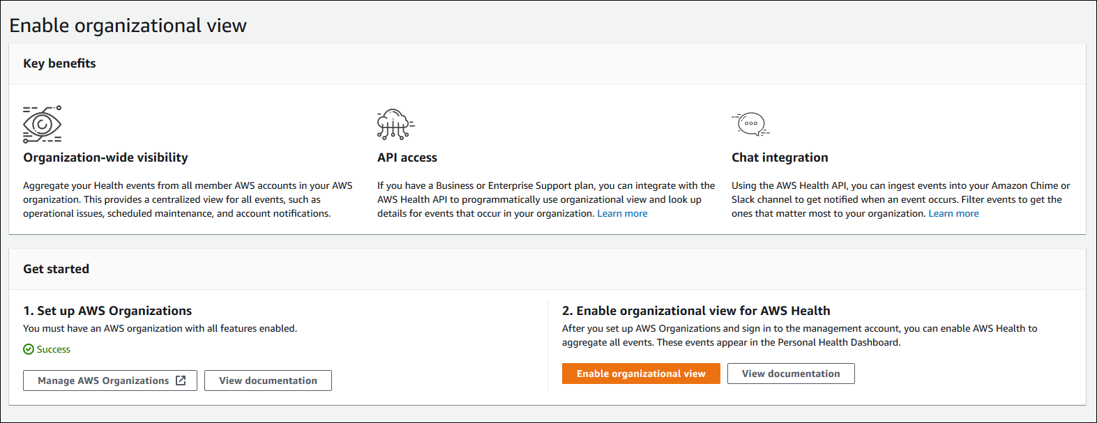 Screenshot of the Enable organizational view page in the AWS Health console.