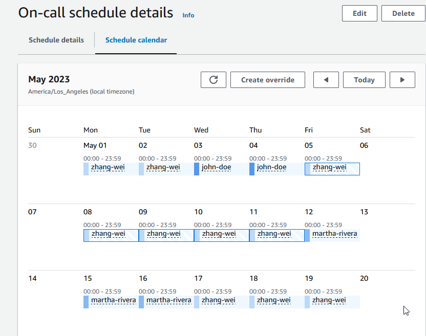 A schedule calendar demonstrates an override shift covering parts of two other shifts.