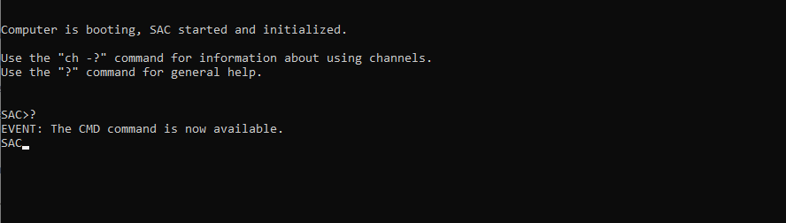 Prompt SAC visualizzato nella console seriale.