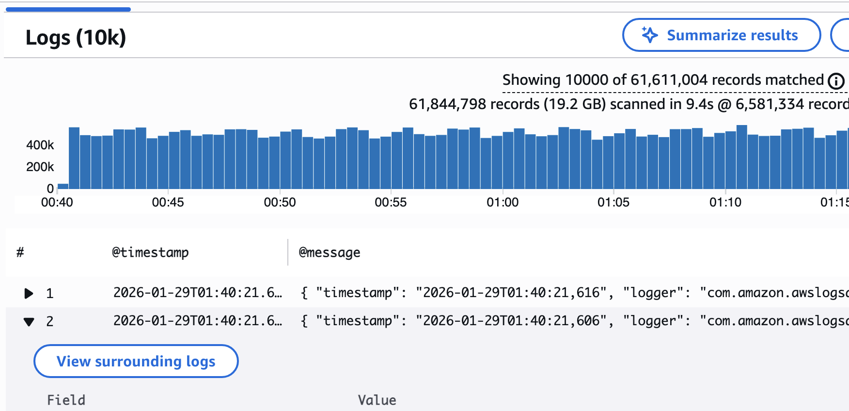 L'opzione Registri circostanti su un record di risultati della query in CloudWatch Logs Insights.