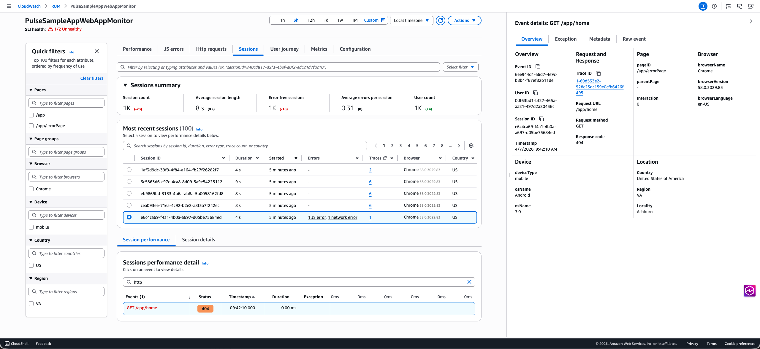 Pannello di diagnostica delle sessioni che mostra il collegamento TraceID e la scheda Exception con stack trace