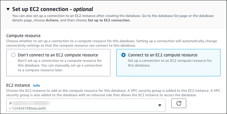 Configura l'opzione di EC2 connessione.