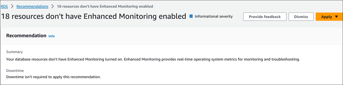 Pagina dei dettagli del suggerimento che mostra la sezione Raccomandazione nella console