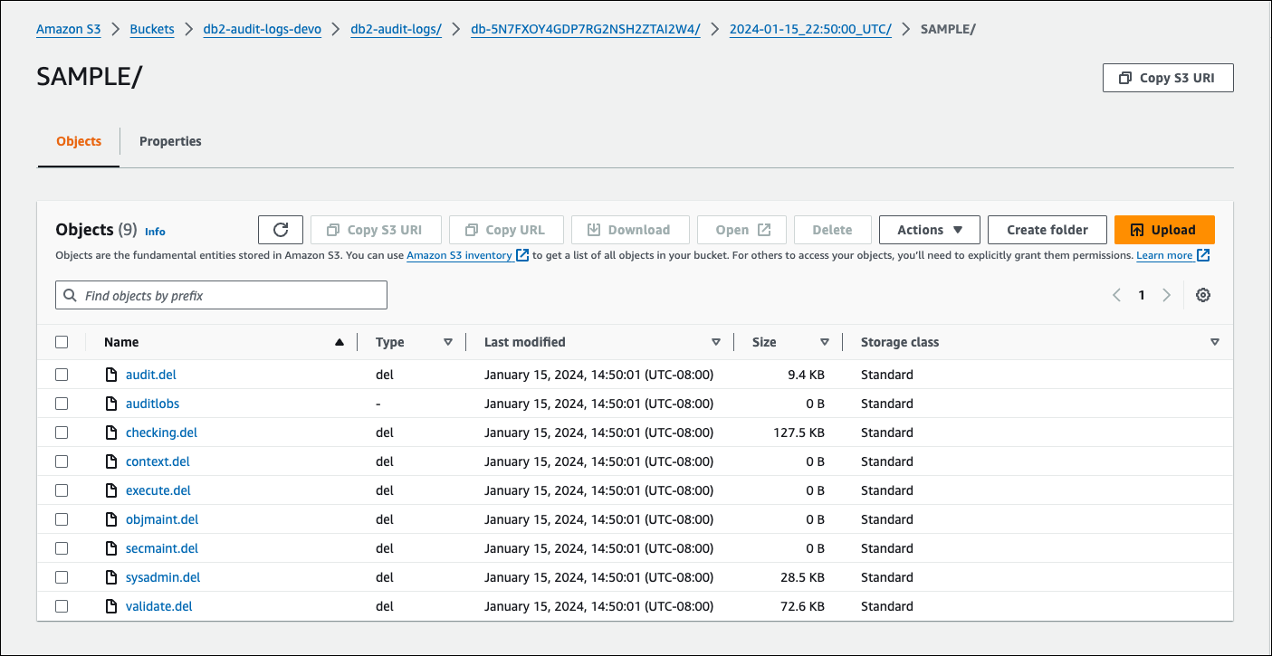 Console Amazon S3 con la scheda Oggetti selezionata, che mostra i file di log a livello di database per l’istanza database RDS per Db2.