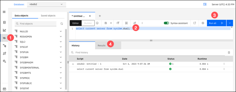 La finestra Database che mostra come eseguire un comando SQL e visualizzare i risultati in IBM Db2 Data Management Console.