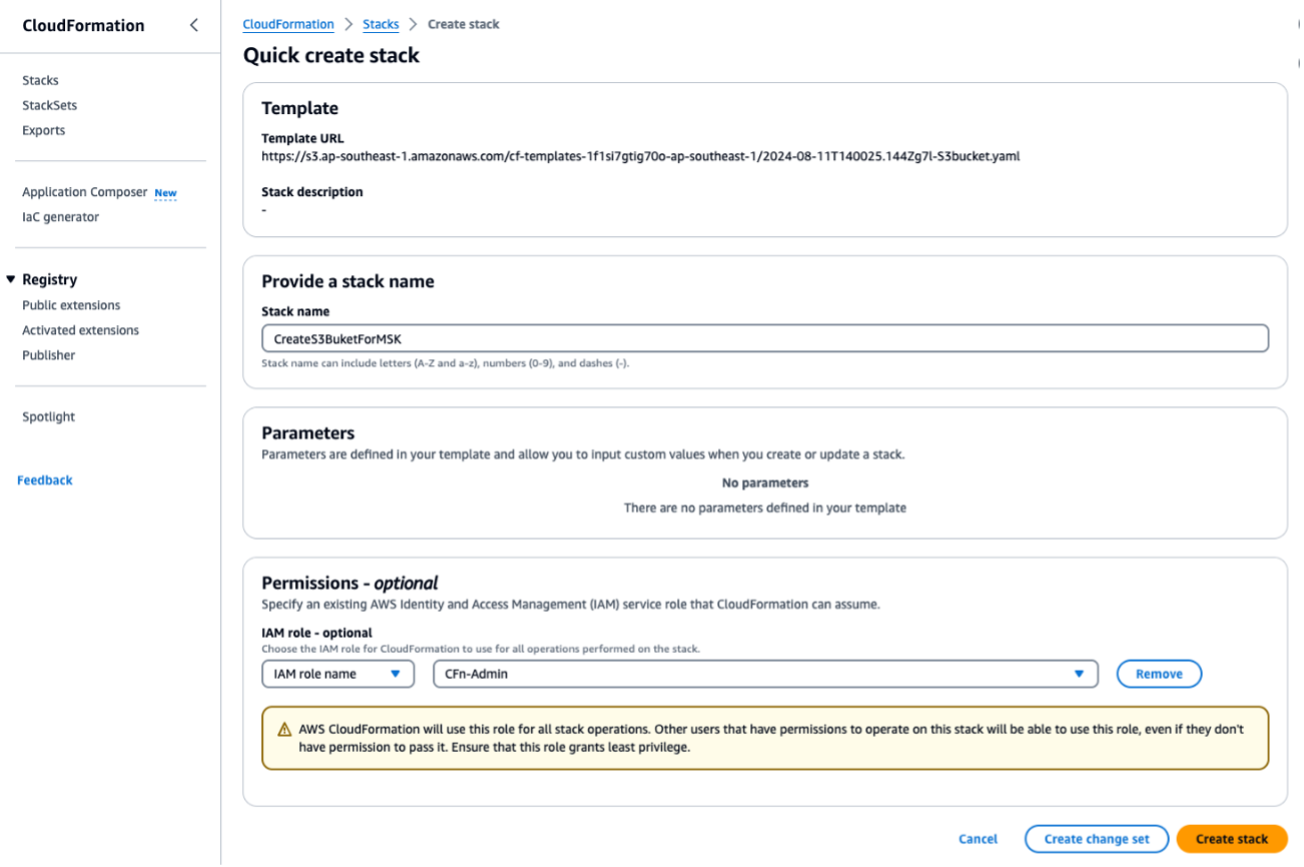 Immagine che mostra la schermata di creazione dello stack della console CloudFormation.