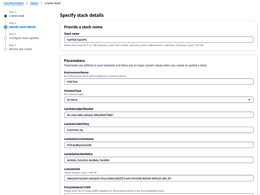 Immagine che mostra i campi da compilare quando si specificano i dettagli dello stack CloudFormation.